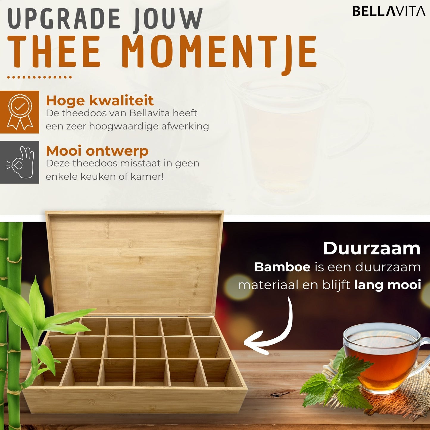 BELLAVITA ® Theedoos - 18 vaks - Bamboe XXL - Bellavita